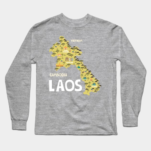 Laos Illustrated Map Long Sleeve T-Shirt by JunkyDotCom